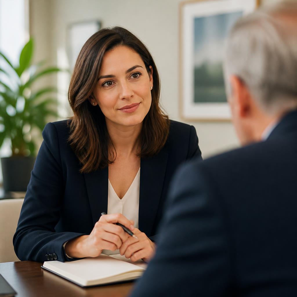 A professional listening attentively to an older client across a table.