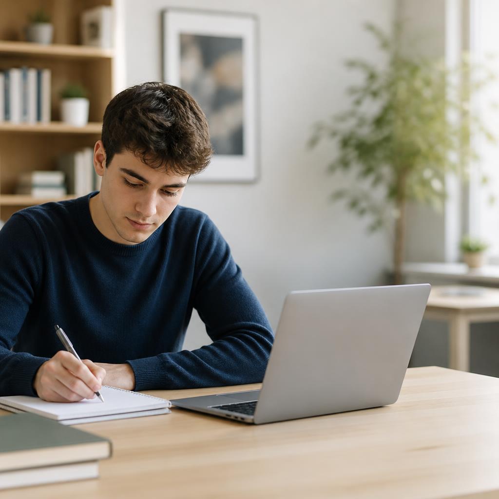 A student writing notes beside a laptop at a bright study desk.