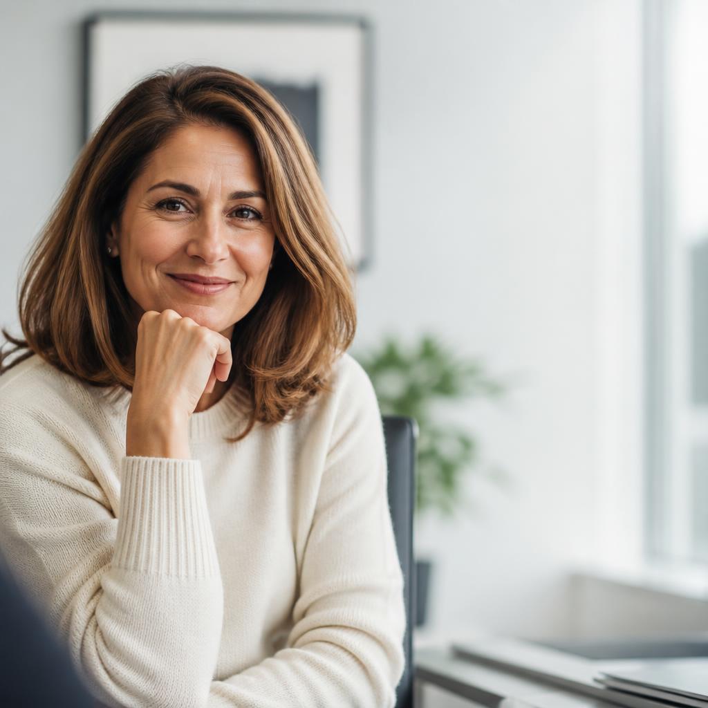 A woman in a bright office listening during a client conversation.